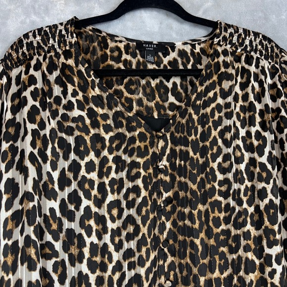HAVER London Women Leopard Print Smocked Neck Blouse Top Size 1X Gold Metallic - Picture 4 of 11